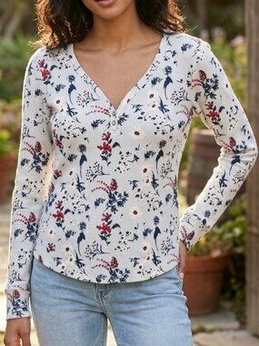 Lucky Brand Grey Floral Waffle Knit Henley Top - Size M